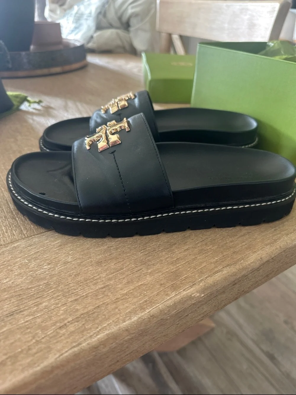 Tory Burch Black Leather Slide Sandals with Gold Logo Accent - Picture 9 of 10